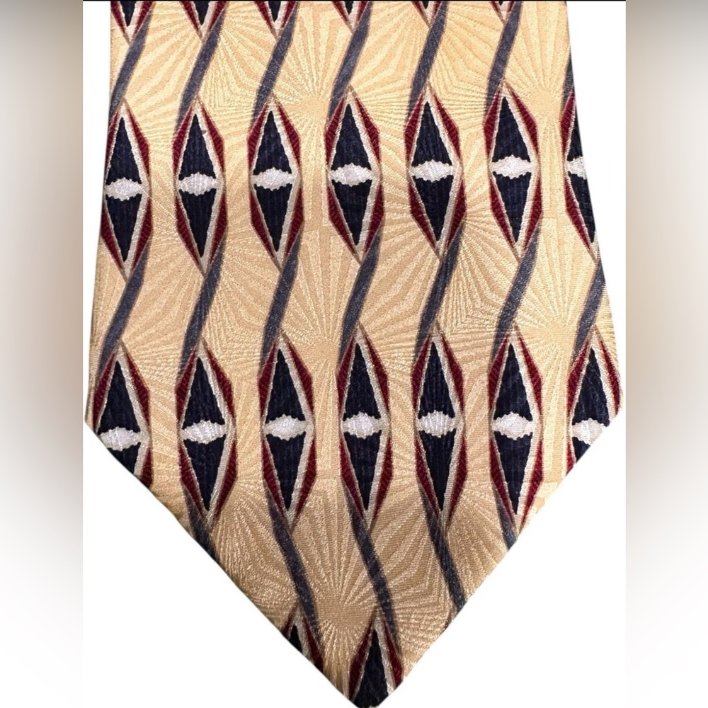 Bill Blass Black Label Silk Tie Geometric Diamond Pattern Beige Blue Red 56”